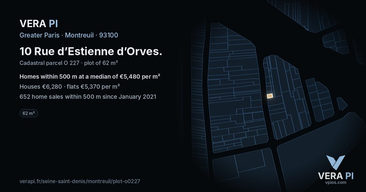10 Rue d’Estienne d’Orves, Montreuil at night – the plot lit, the parcels around coloured by the prices near them