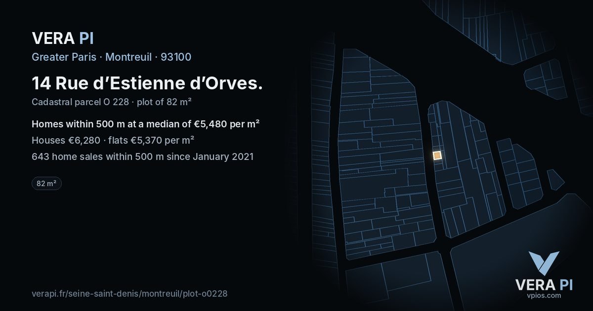 14 Rue d’Estienne d’Orves, Montreuil at night – the plot lit, the parcels around coloured by the prices near them