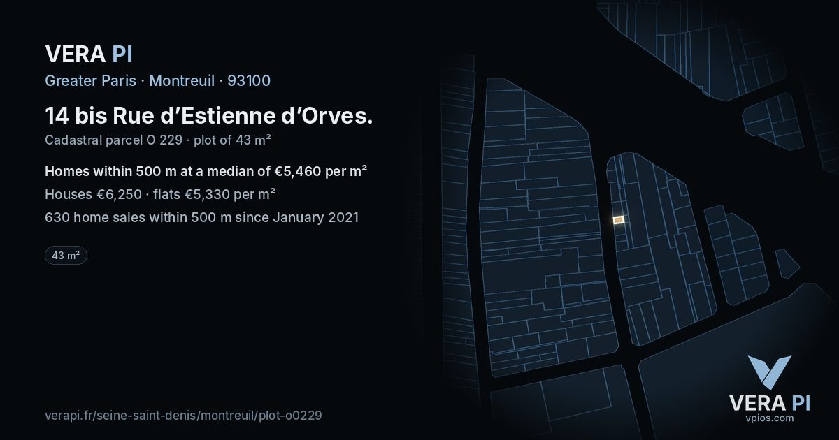 14 bis Rue d’Estienne d’Orves, Montreuil at night – the plot lit, the parcels around coloured by the prices near them