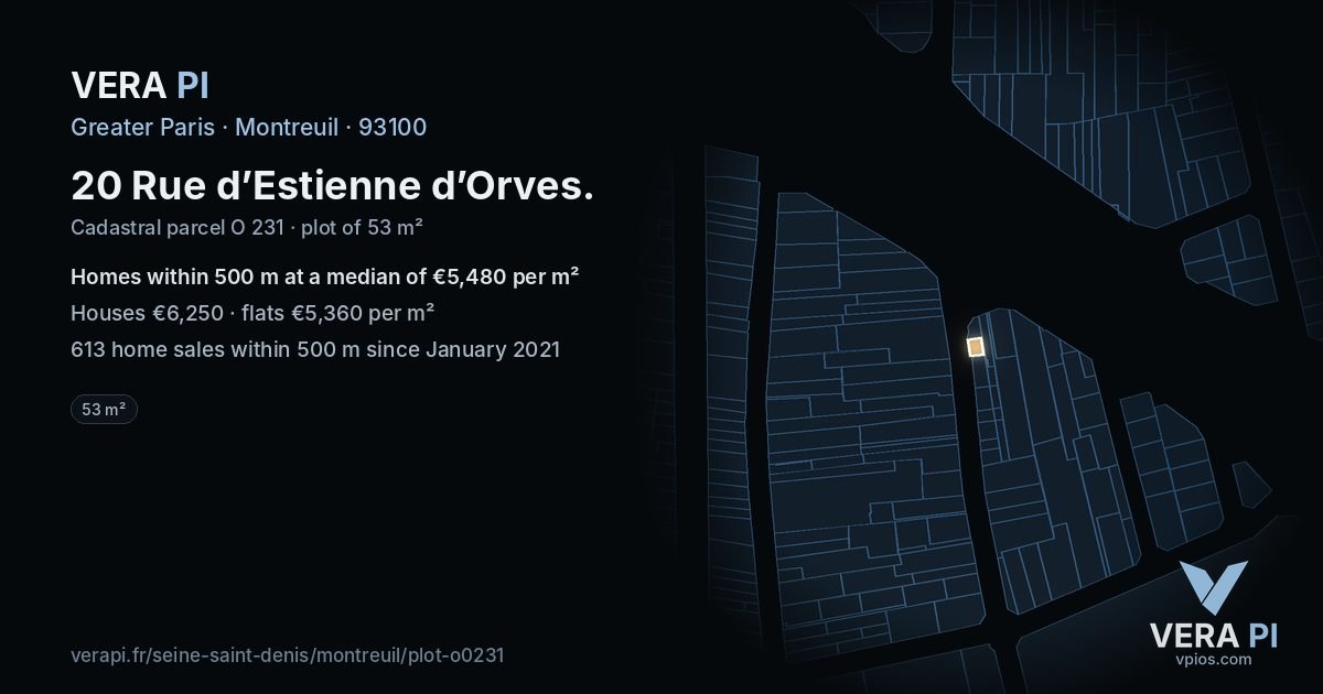 20 Rue d’Estienne d’Orves, Montreuil at night – the plot lit, the parcels around coloured by the prices near them