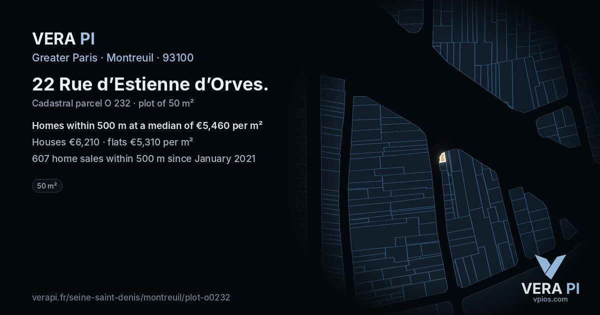 22 Rue d’Estienne d’Orves, Montreuil at night – the plot lit, the parcels around coloured by the prices near them