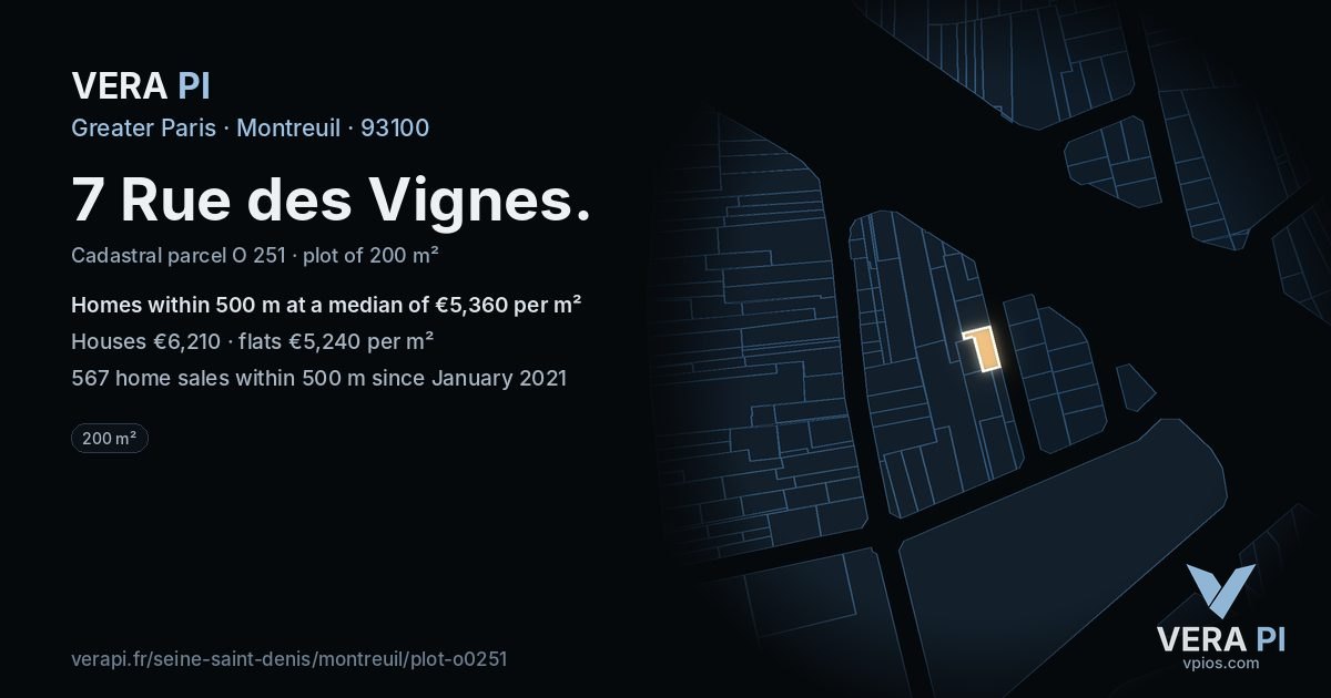 7 Rue des Vignes, Montreuil at night – the plot lit, the parcels around coloured by the prices near them