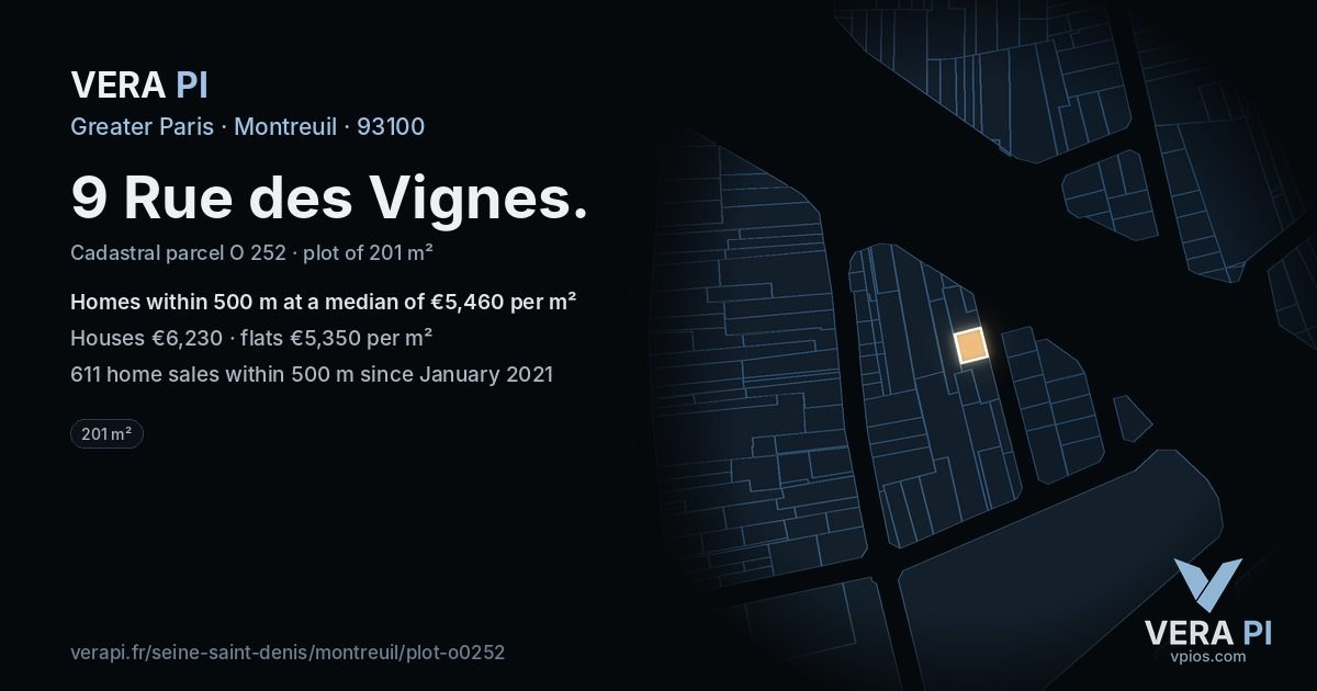 9 Rue des Vignes, Montreuil at night – the plot lit, the parcels around coloured by the prices near them