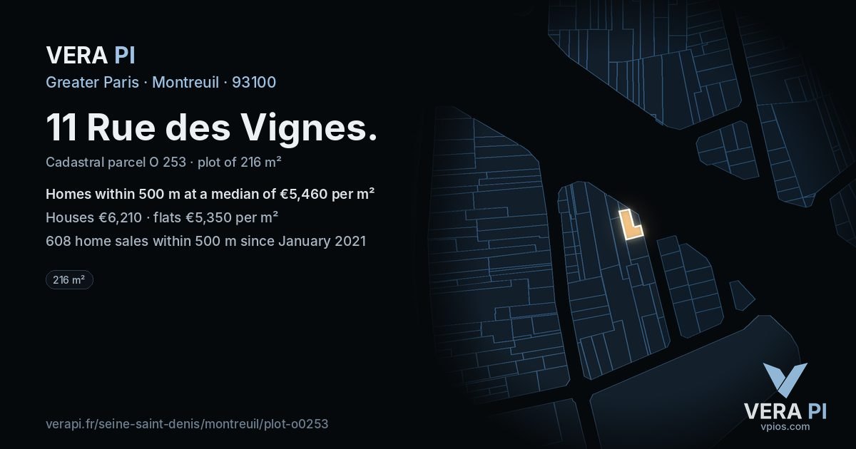 11 Rue des Vignes, Montreuil at night – the plot lit, the parcels around coloured by the prices near them