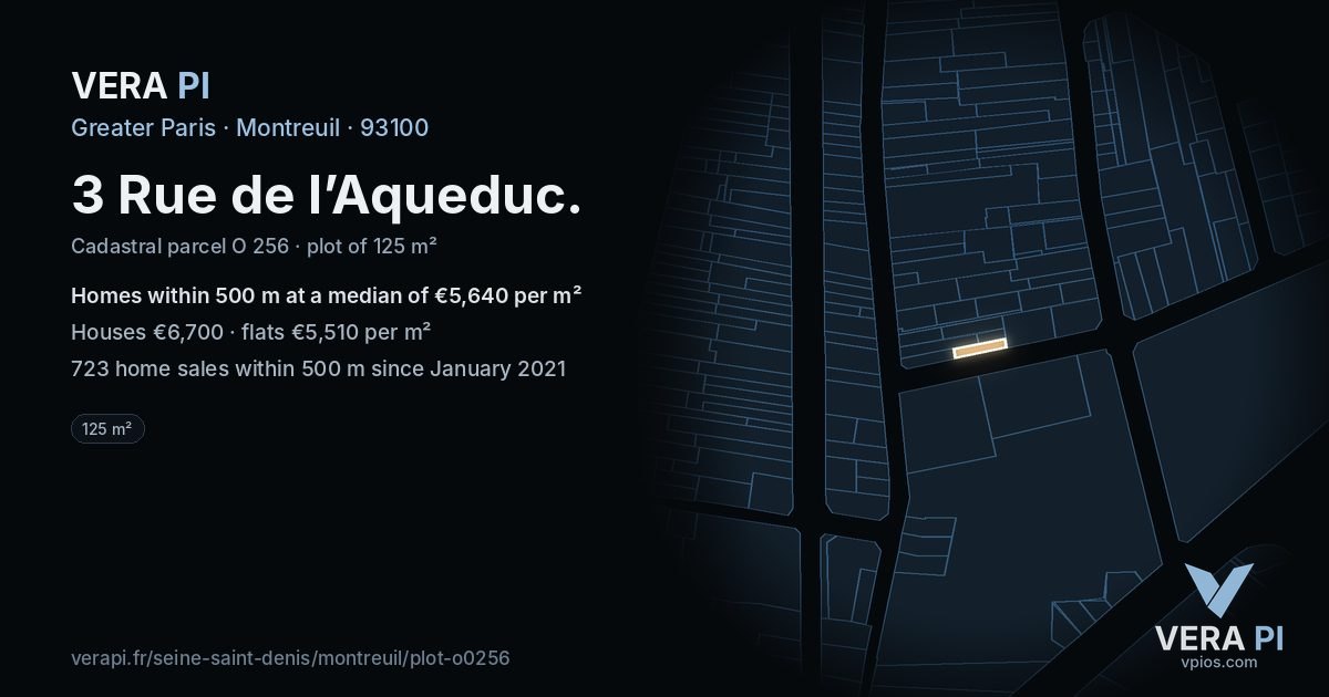 3 Rue de l’Aqueduc, Montreuil at night – the plot lit, the parcels around coloured by the prices near them