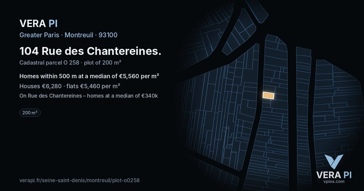 104 Rue des Chantereines, Montreuil at night – the plot lit, the parcels around coloured by the prices near them
