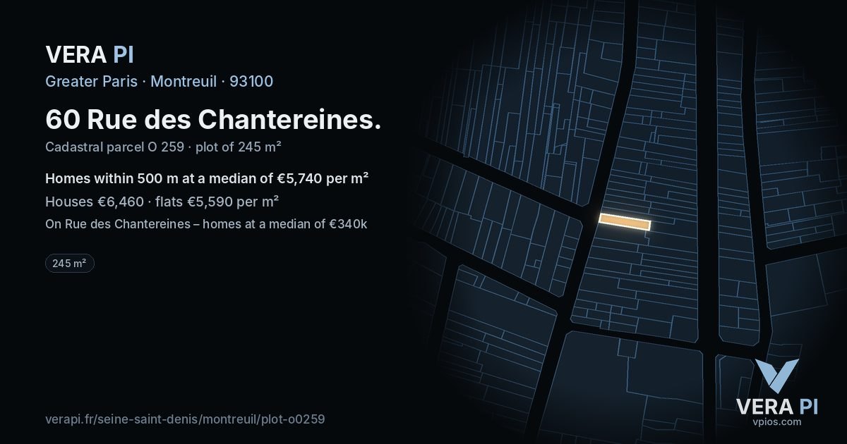 60 Rue des Chantereines, Montreuil at night – the plot lit, the parcels around coloured by the prices near them