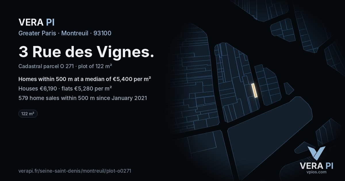 3 Rue des Vignes, Montreuil at night – the plot lit, the parcels around coloured by the prices near them
