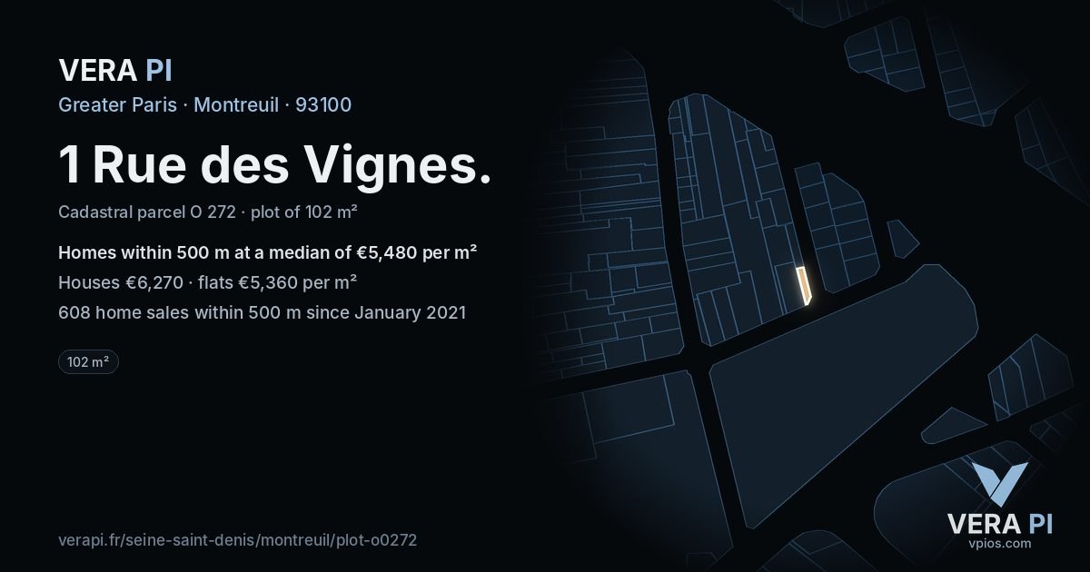 1 Rue des Vignes, Montreuil at night – the plot lit, the parcels around coloured by the prices near them