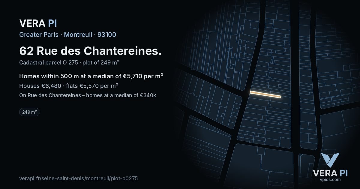 62 Rue des Chantereines, Montreuil at night – the plot lit, the parcels around coloured by the prices near them