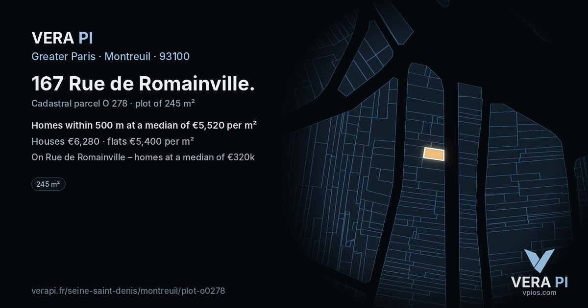 167 Rue de Romainville, Montreuil at night – the plot lit, the parcels around coloured by the prices near them