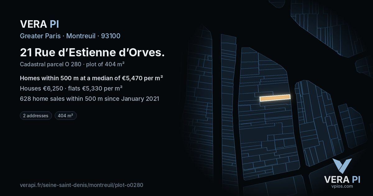 21 Rue d’Estienne d’Orves, Montreuil at night – the plot lit, the parcels around coloured by the prices near them