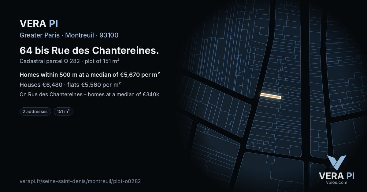 64 bis Rue des Chantereines, Montreuil at night – the plot lit, the parcels around coloured by the prices near them