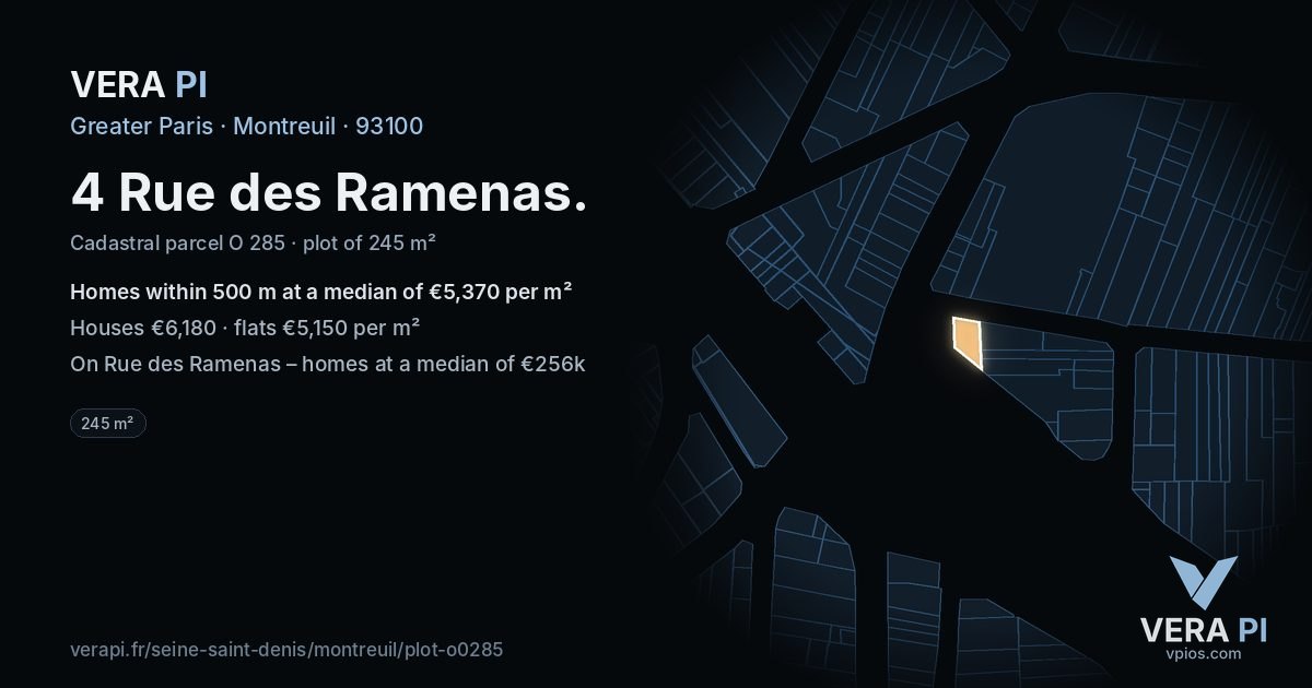 4 Rue des Ramenas, Montreuil at night – the plot lit, the parcels around coloured by the prices near them