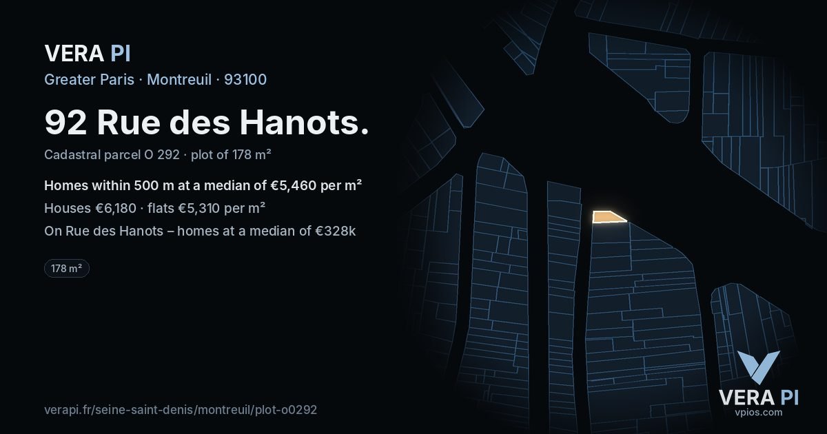 92 Rue des Hanots, Montreuil at night – the plot lit, the parcels around coloured by the prices near them