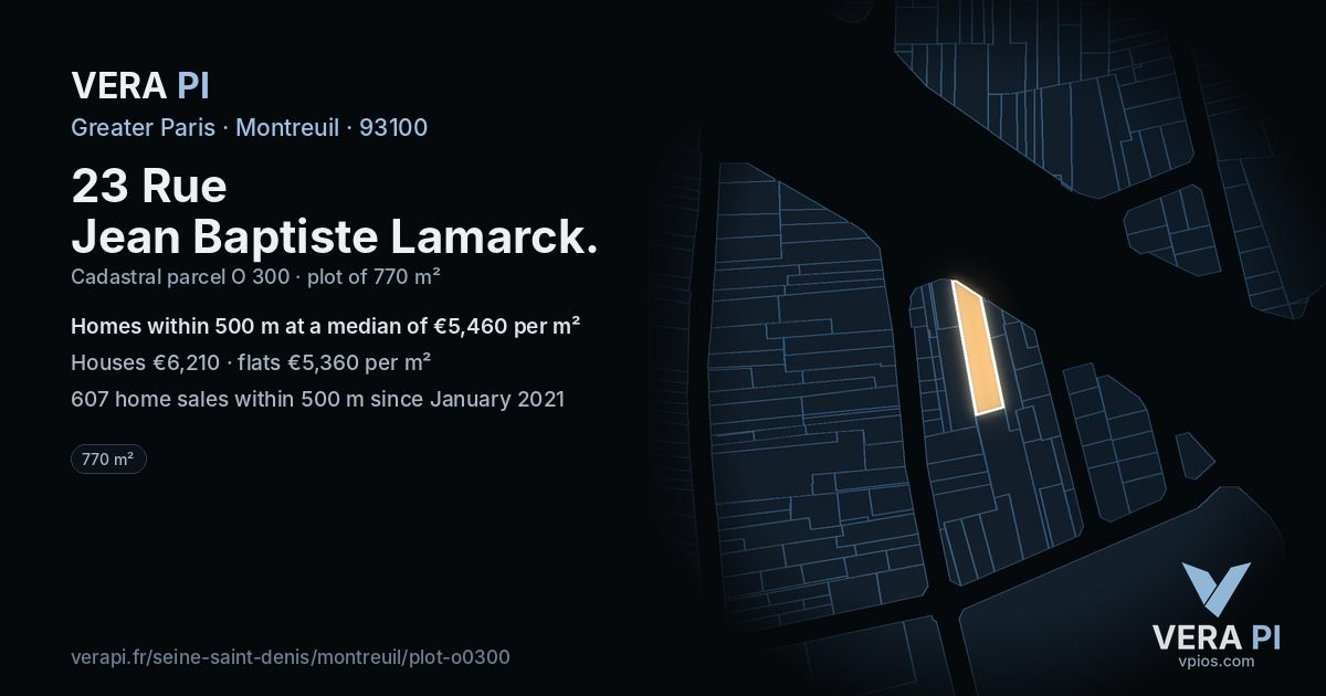23 Rue Jean Baptiste Lamarck, Montreuil at night – the plot lit, the parcels around coloured by the prices near them