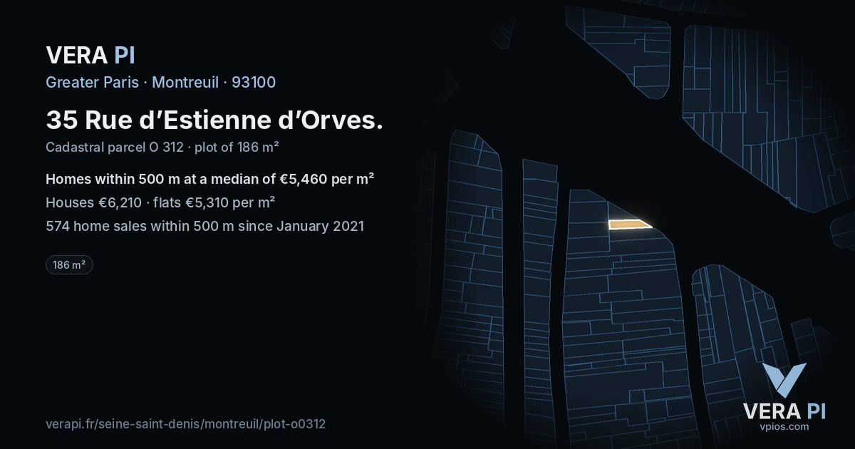 35 Rue d’Estienne d’Orves, Montreuil at night – the plot lit, the parcels around coloured by the prices near them
