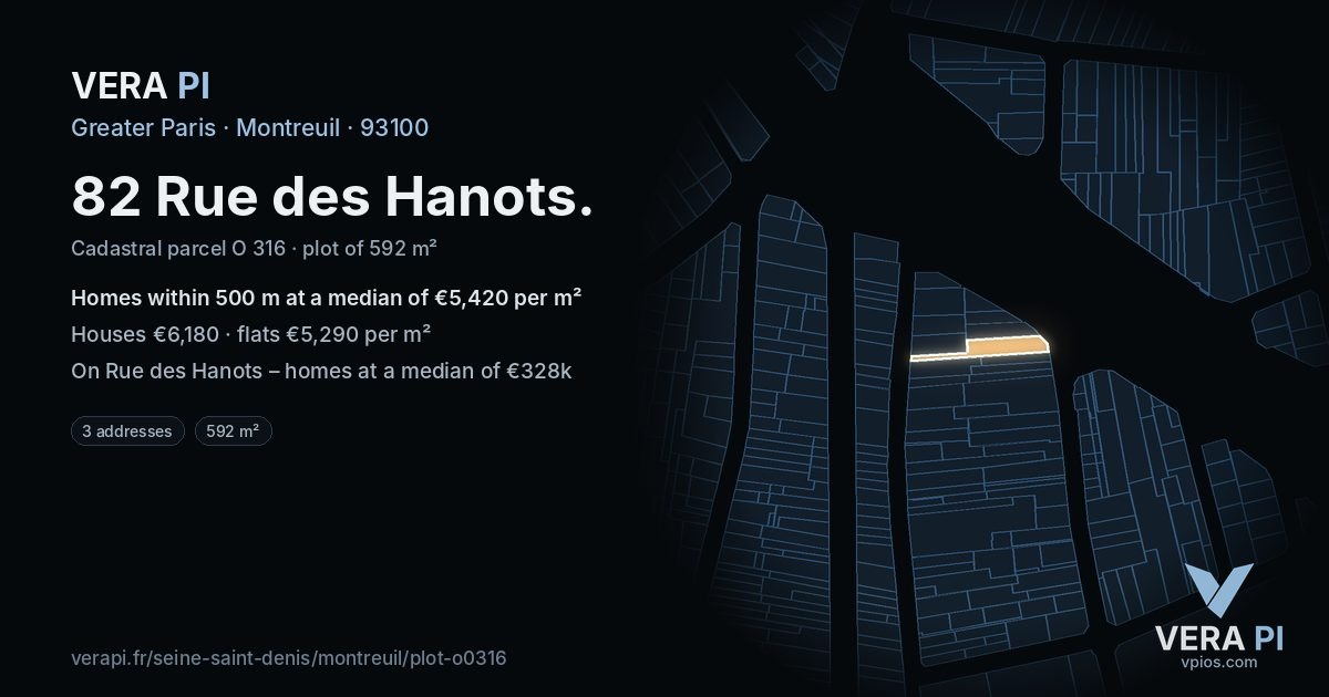 82 Rue des Hanots, Montreuil at night – the plot lit, the parcels around coloured by the prices near them
