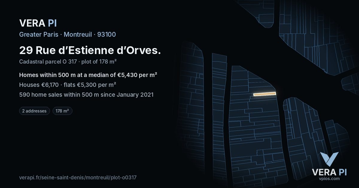 29 Rue d’Estienne d’Orves, Montreuil at night – the plot lit, the parcels around coloured by the prices near them