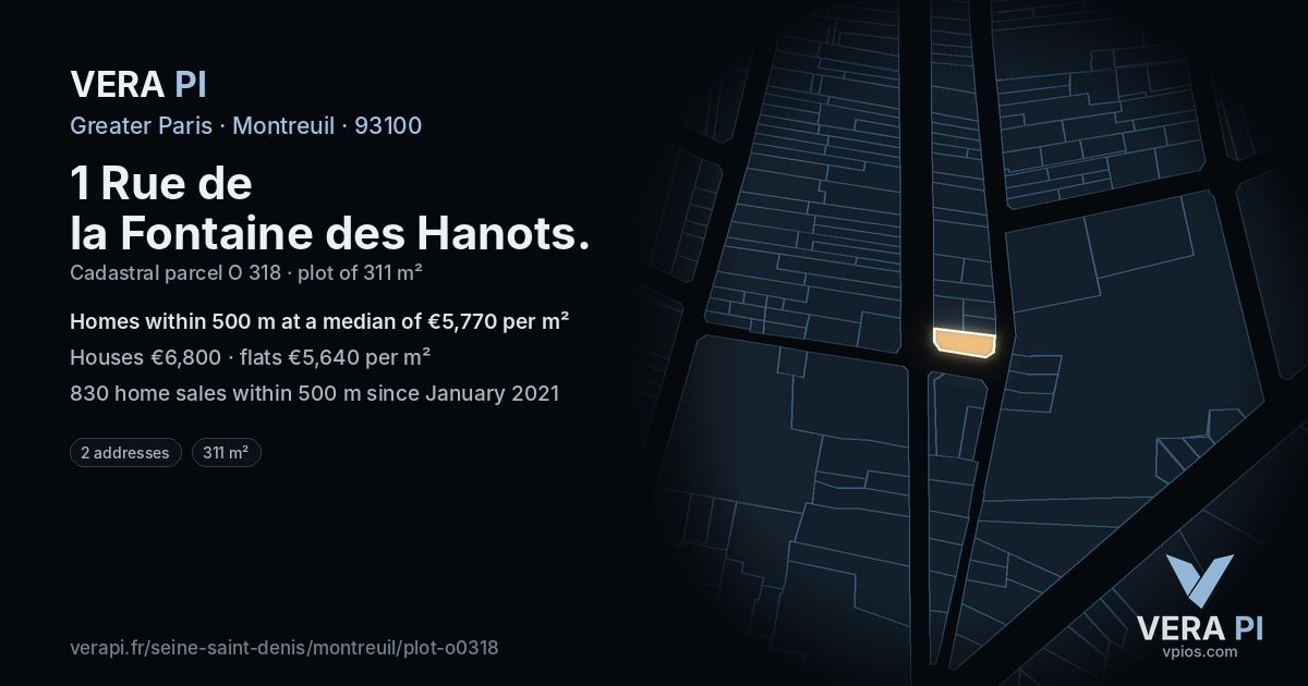 1 Rue de la Fontaine des Hanots, Montreuil at night – the plot lit, the parcels around coloured by the prices near them