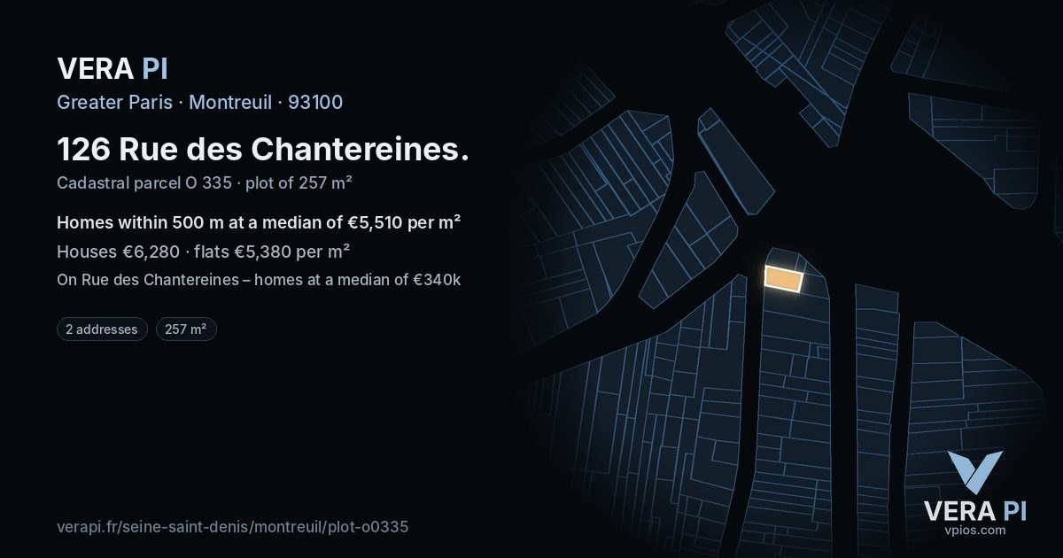 126 Rue des Chantereines, Montreuil at night – the plot lit, the parcels around coloured by the prices near them