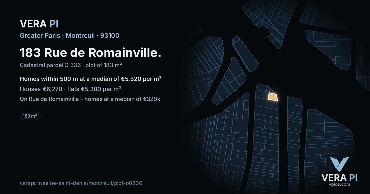 183 Rue de Romainville, Montreuil at night – the plot lit, the parcels around coloured by the prices near them