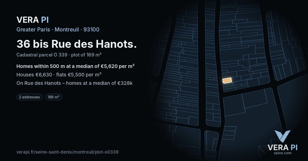 36 bis Rue des Hanots, Montreuil at night – the plot lit, the parcels around coloured by the prices near them