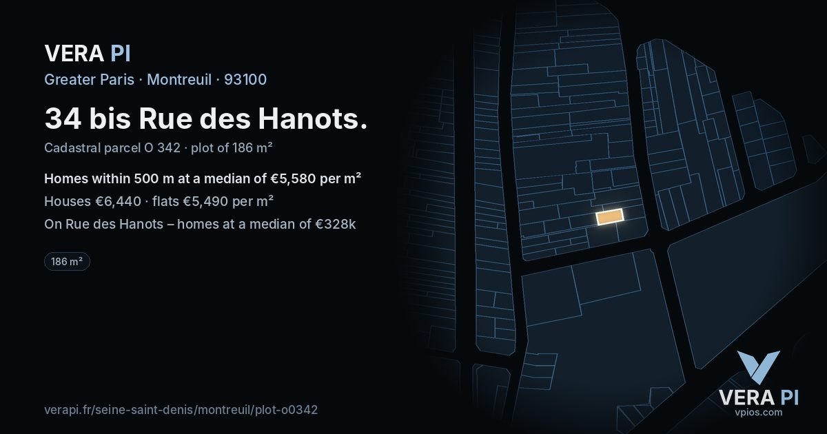 34 bis Rue des Hanots, Montreuil at night – the plot lit, the parcels around coloured by the prices near them