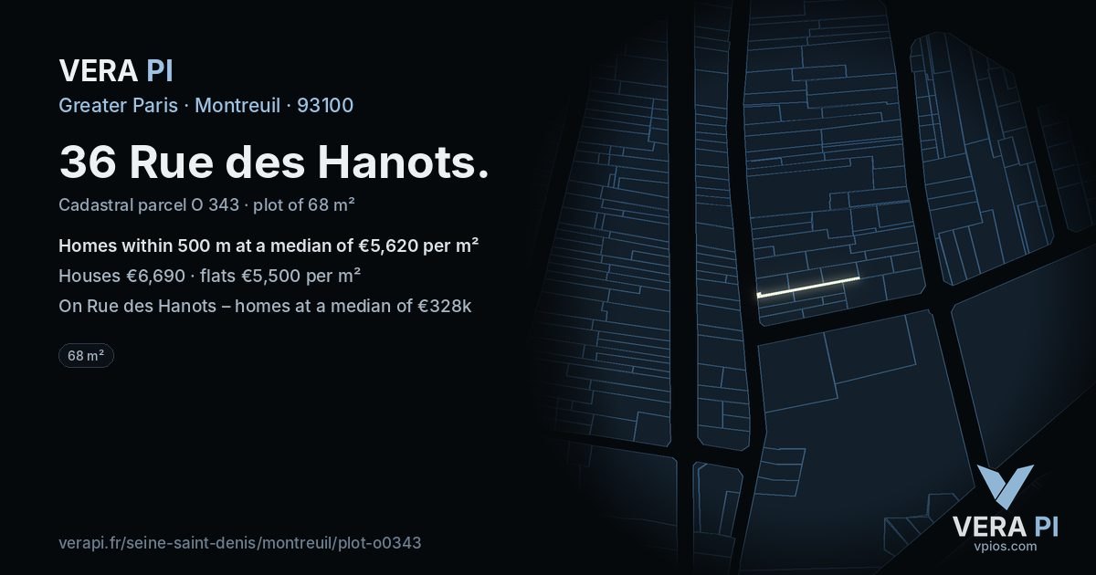 36 Rue des Hanots, Montreuil at night – the plot lit, the parcels around coloured by the prices near them