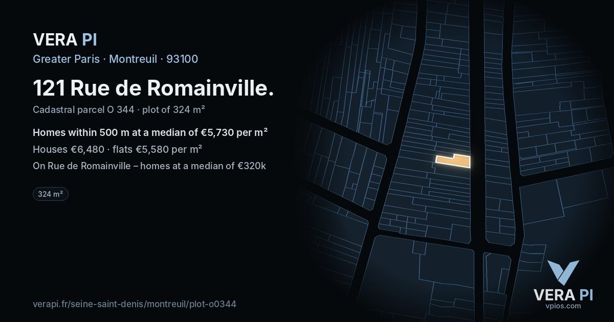 121 Rue de Romainville, Montreuil at night – the plot lit, the parcels around coloured by the prices near them
