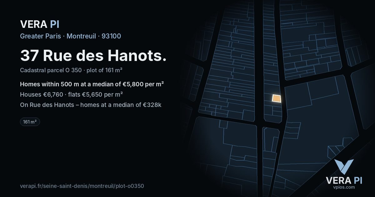 37 Rue des Hanots, Montreuil at night – the plot lit, the parcels around coloured by the prices near them
