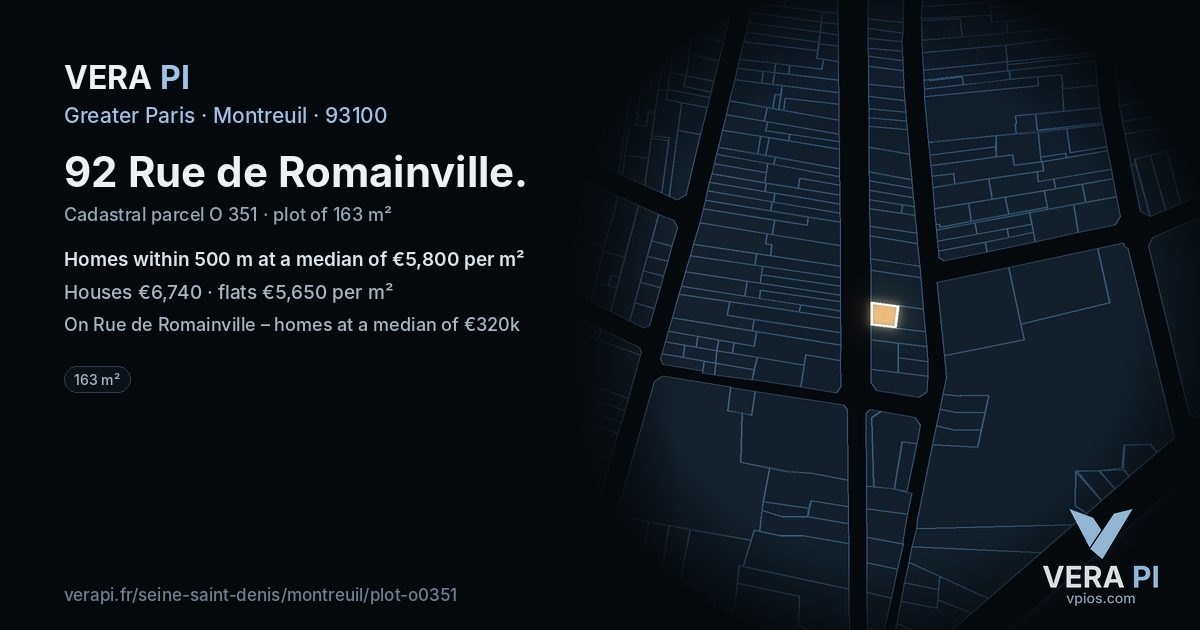 92 Rue de Romainville, Montreuil at night – the plot lit, the parcels around coloured by the prices near them