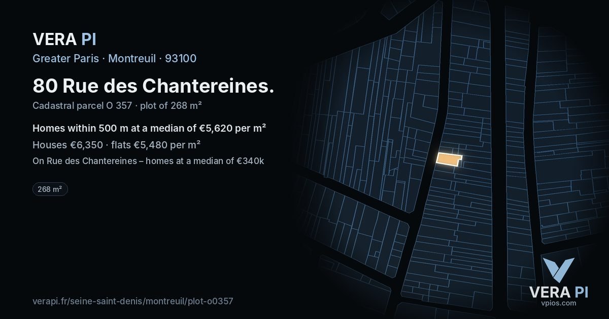 80 Rue des Chantereines, Montreuil at night – the plot lit, the parcels around coloured by the prices near them