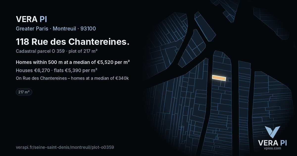 118 Rue des Chantereines, Montreuil at night – the plot lit, the parcels around coloured by the prices near them
