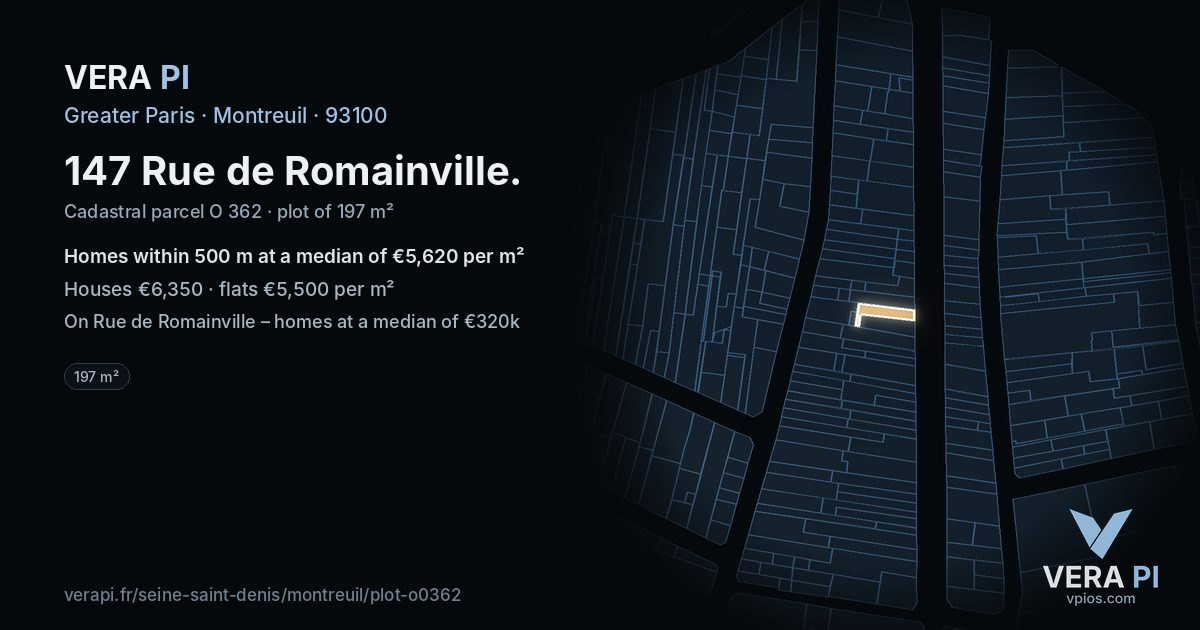 147 Rue de Romainville, Montreuil at night – the plot lit, the parcels around coloured by the prices near them