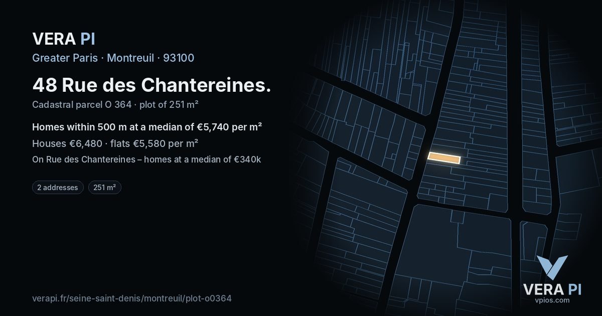 48 Rue des Chantereines, Montreuil at night – the plot lit, the parcels around coloured by the prices near them