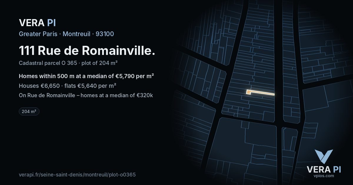 111 Rue de Romainville, Montreuil at night – the plot lit, the parcels around coloured by the prices near them