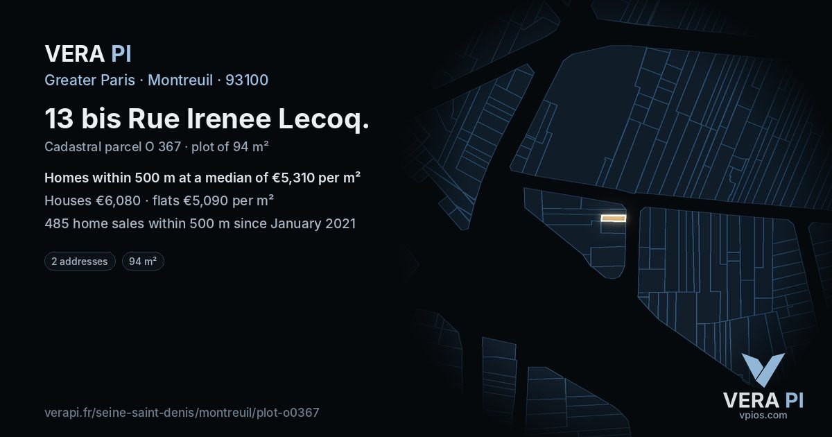 13 bis Rue Irenee Lecoq, Montreuil at night – the plot lit, the parcels around coloured by the prices near them