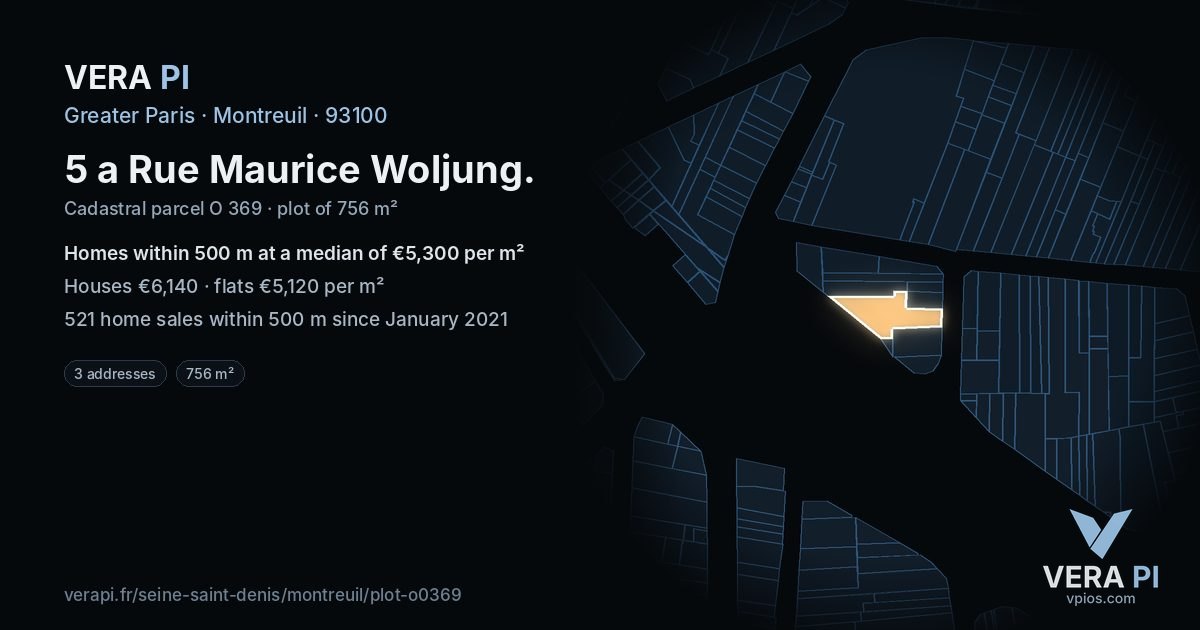 5 a Rue Maurice Woljung, Montreuil at night – the plot lit, the parcels around coloured by the prices near them