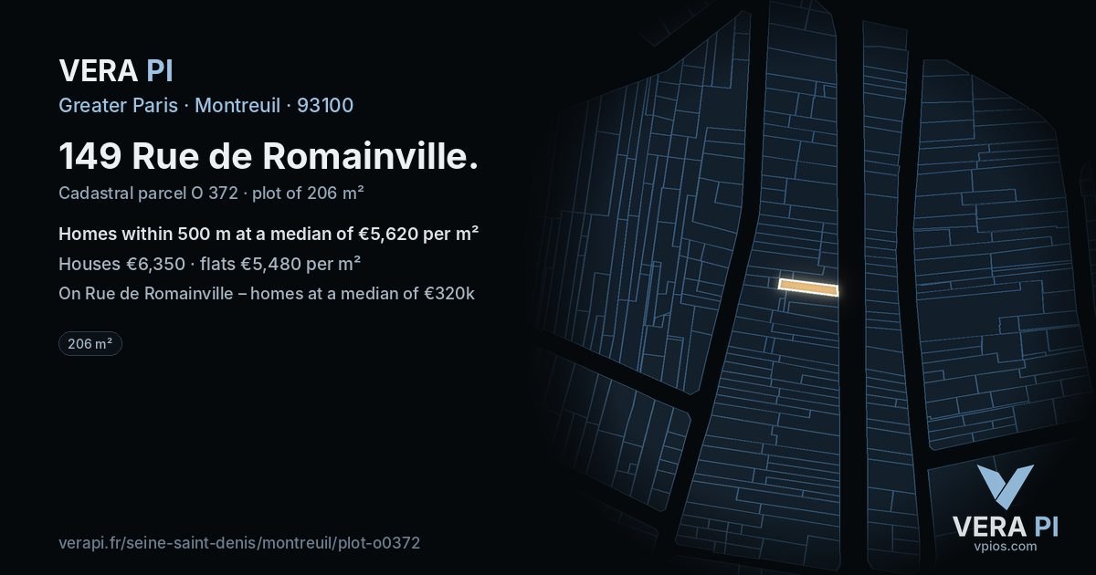 149 Rue de Romainville, Montreuil at night – the plot lit, the parcels around coloured by the prices near them