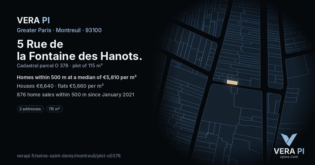 5 Rue de la Fontaine des Hanots, Montreuil at night – the plot lit, the parcels around coloured by the prices near them