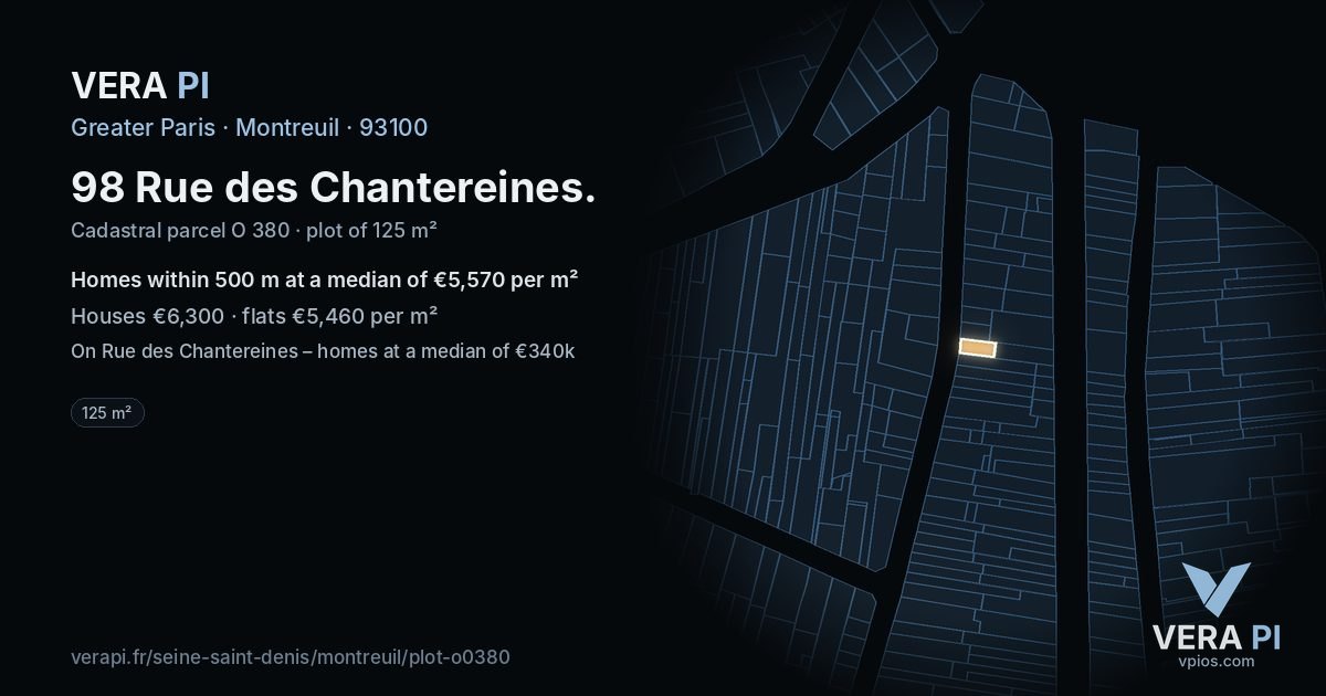 98 Rue des Chantereines, Montreuil at night – the plot lit, the parcels around coloured by the prices near them