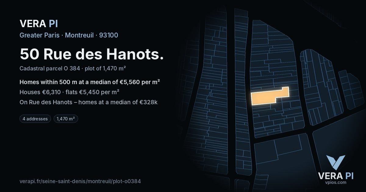 50 Rue des Hanots, Montreuil at night – the plot lit, the parcels around coloured by the prices near them