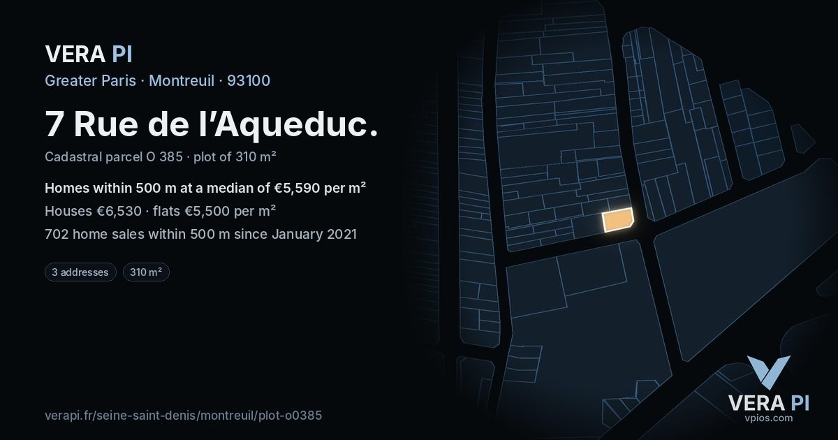 7 Rue de l’Aqueduc, Montreuil at night – the plot lit, the parcels around coloured by the prices near them