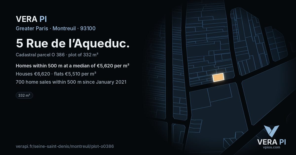 5 Rue de l’Aqueduc, Montreuil at night – the plot lit, the parcels around coloured by the prices near them