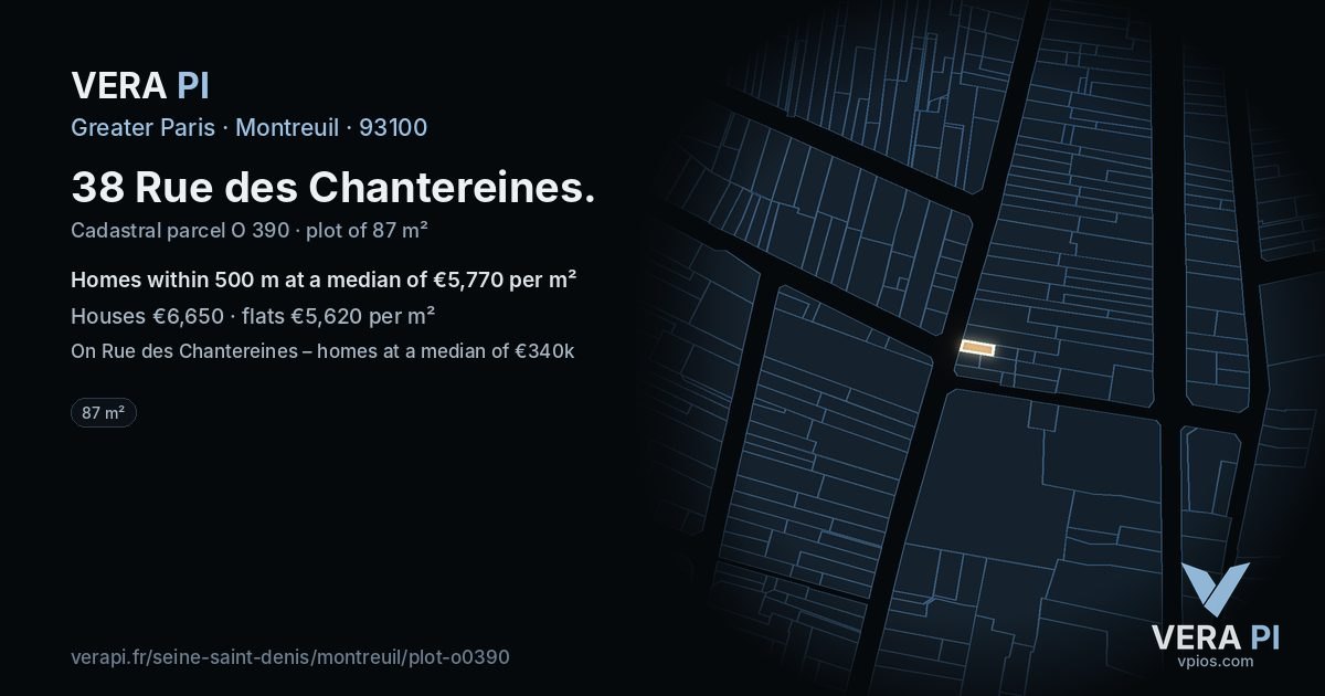 38 Rue des Chantereines, Montreuil at night – the plot lit, the parcels around coloured by the prices near them