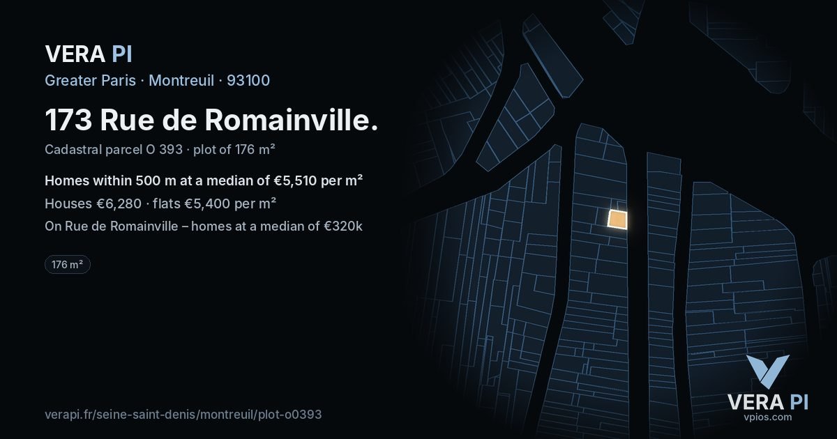 173 Rue de Romainville, Montreuil at night – the plot lit, the parcels around coloured by the prices near them