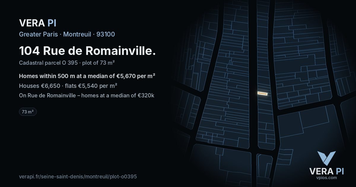 104 Rue de Romainville, Montreuil at night – the plot lit, the parcels around coloured by the prices near them