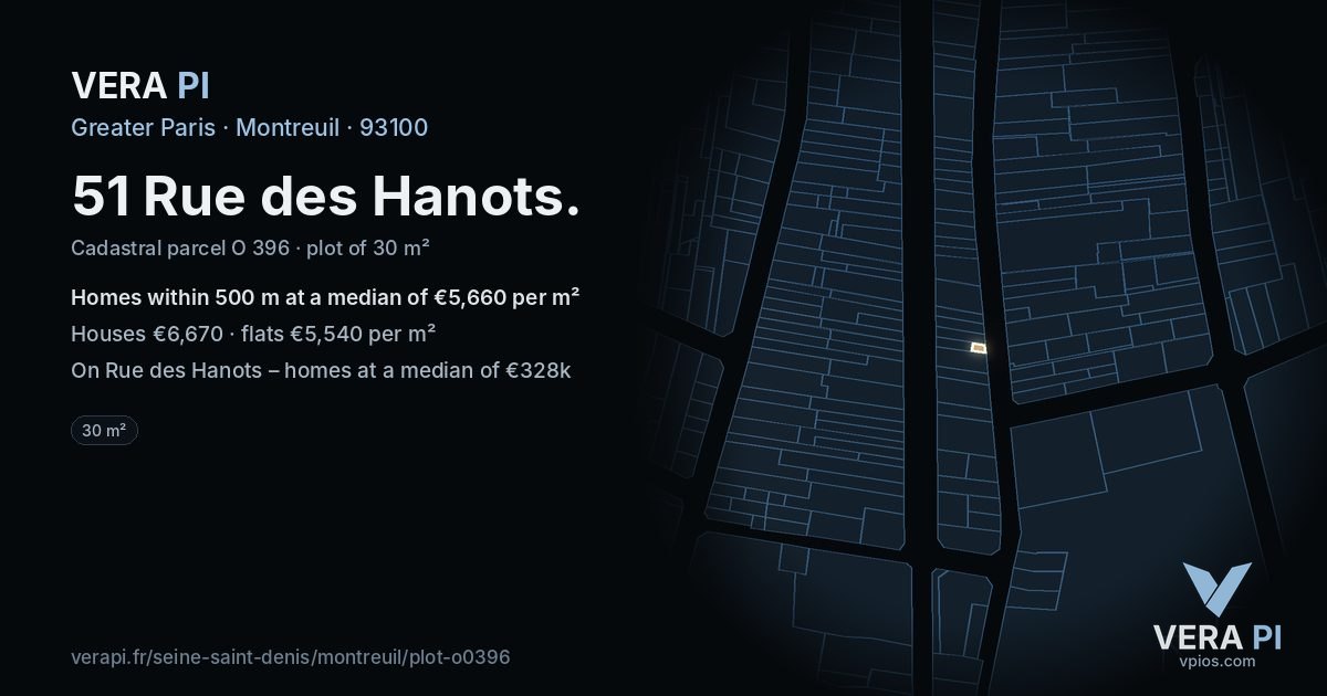 51 Rue des Hanots, Montreuil at night – the plot lit, the parcels around coloured by the prices near them