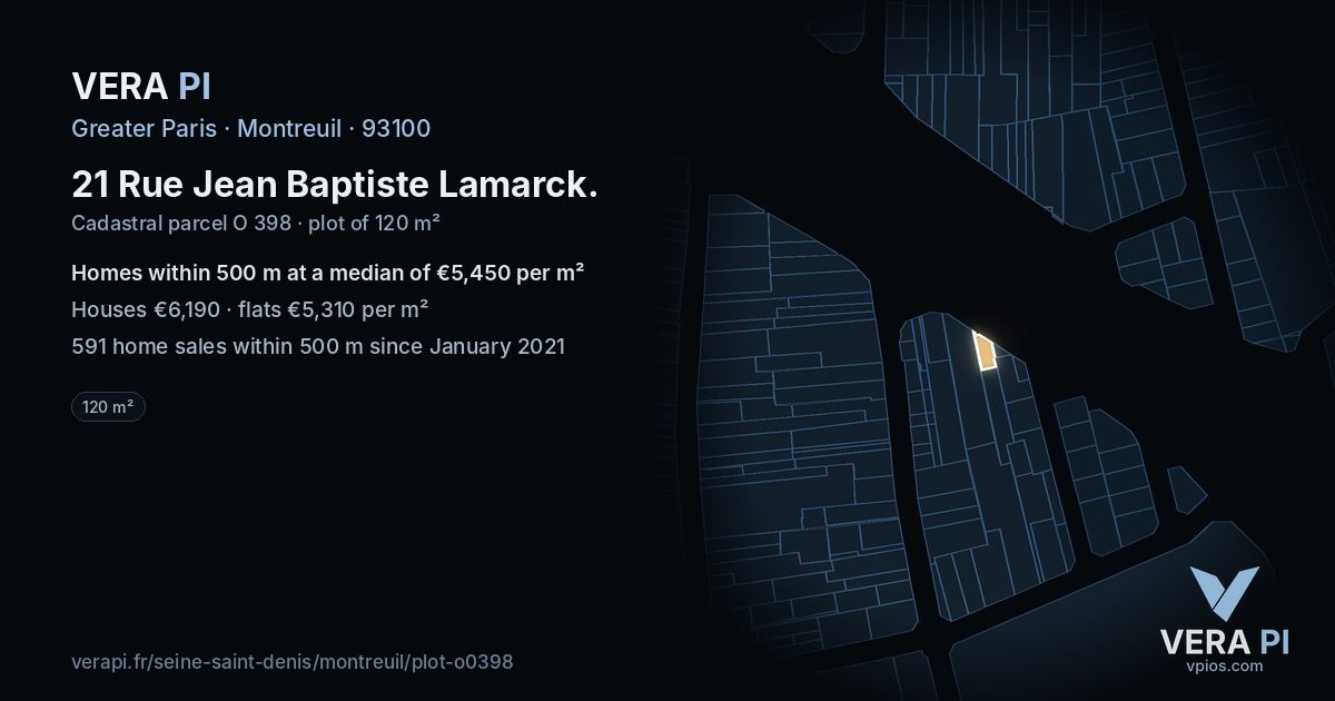 21 Rue Jean Baptiste Lamarck, Montreuil at night – the plot lit, the parcels around coloured by the prices near them